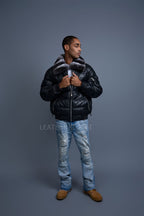 Men’s Aspen Leather Bubble Bomber Jacket Chinchilla Collar