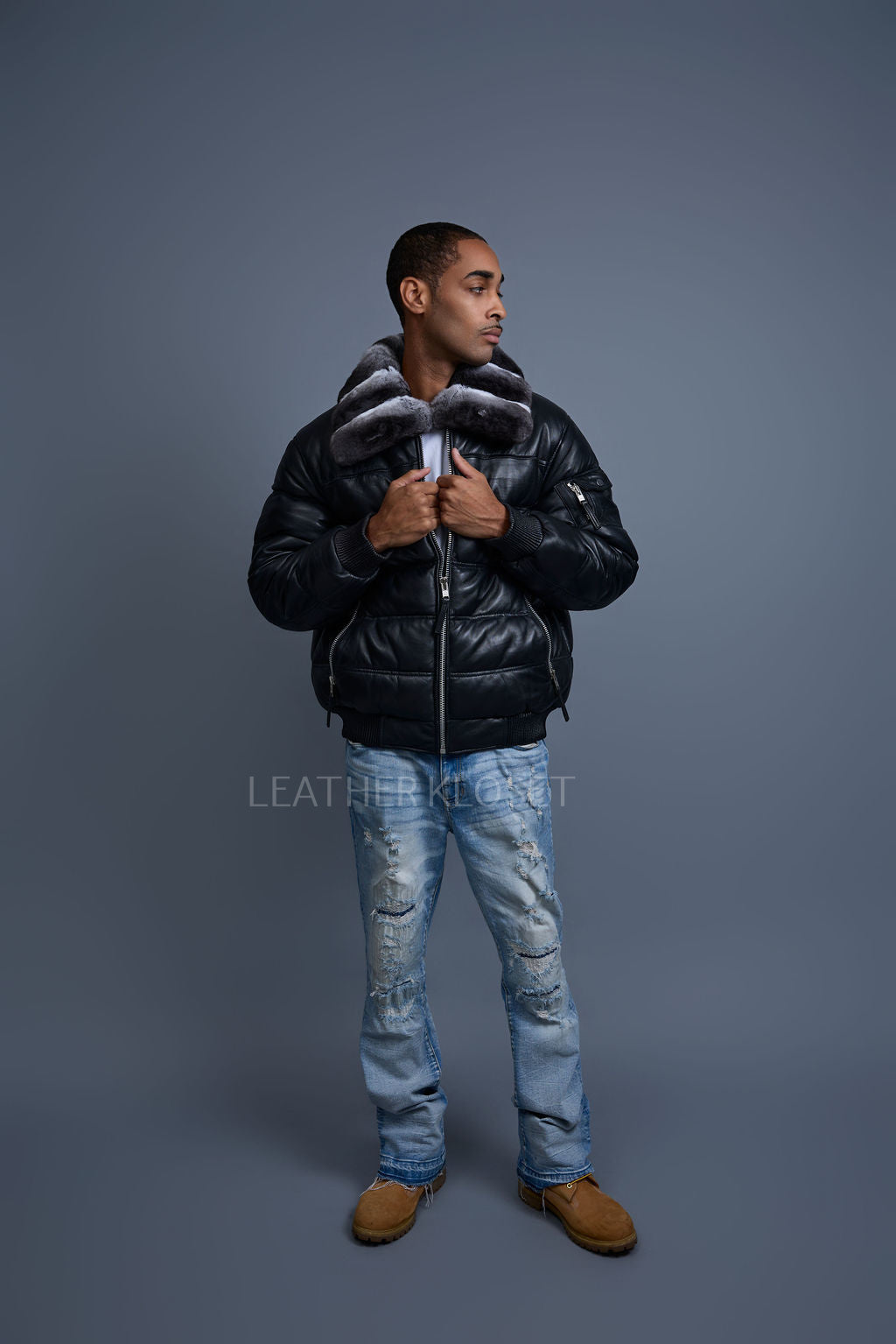 Men’s Aspen Leather Bubble Bomber Jacket Chinchilla Collar