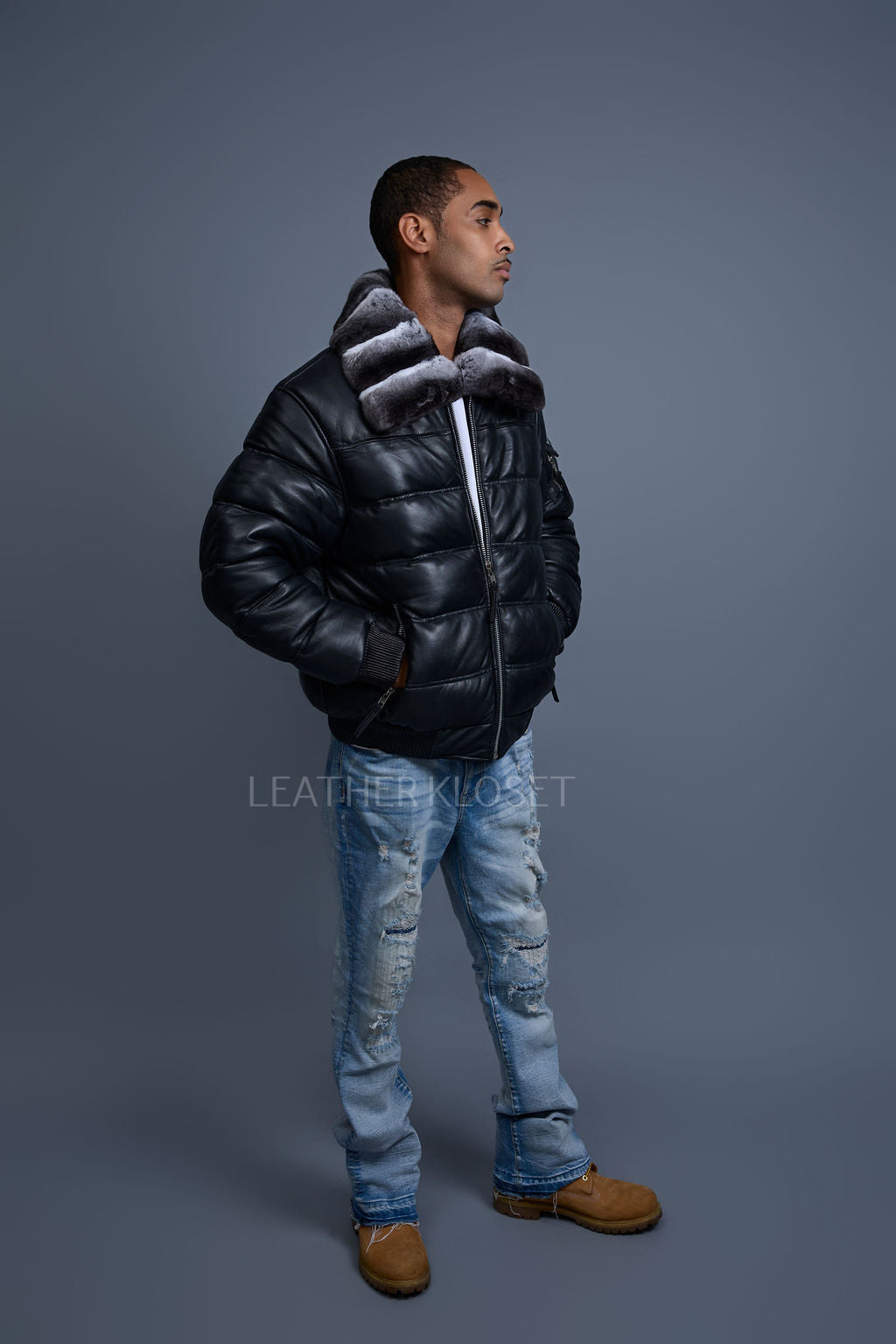 Men’s Aspen Leather Bubble Bomber Jacket Chinchilla Collar