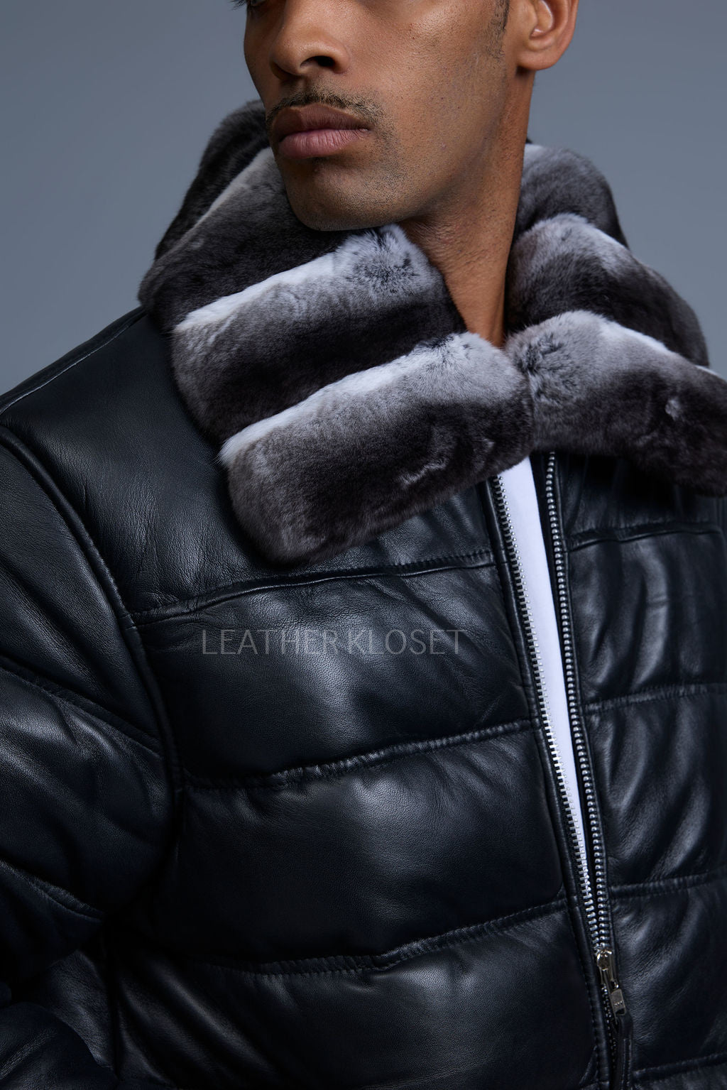 Men’s Aspen Leather Bubble Bomber Jacket Chinchilla Collar
