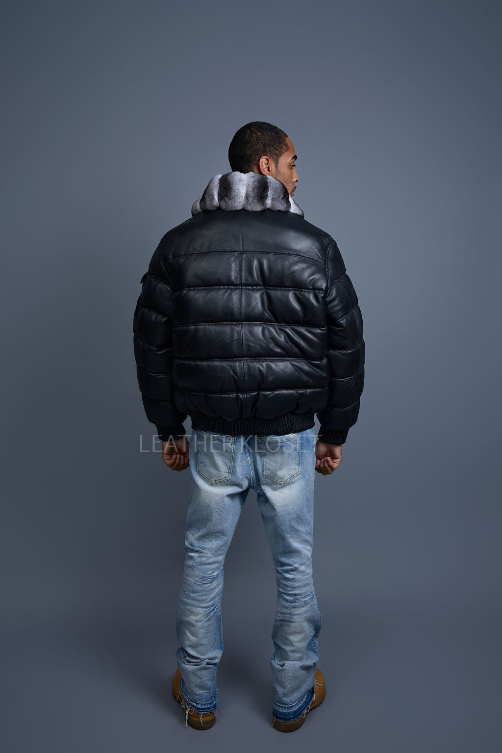 Men’s Aspen Leather Bubble Bomber Jacket Chinchilla Collar