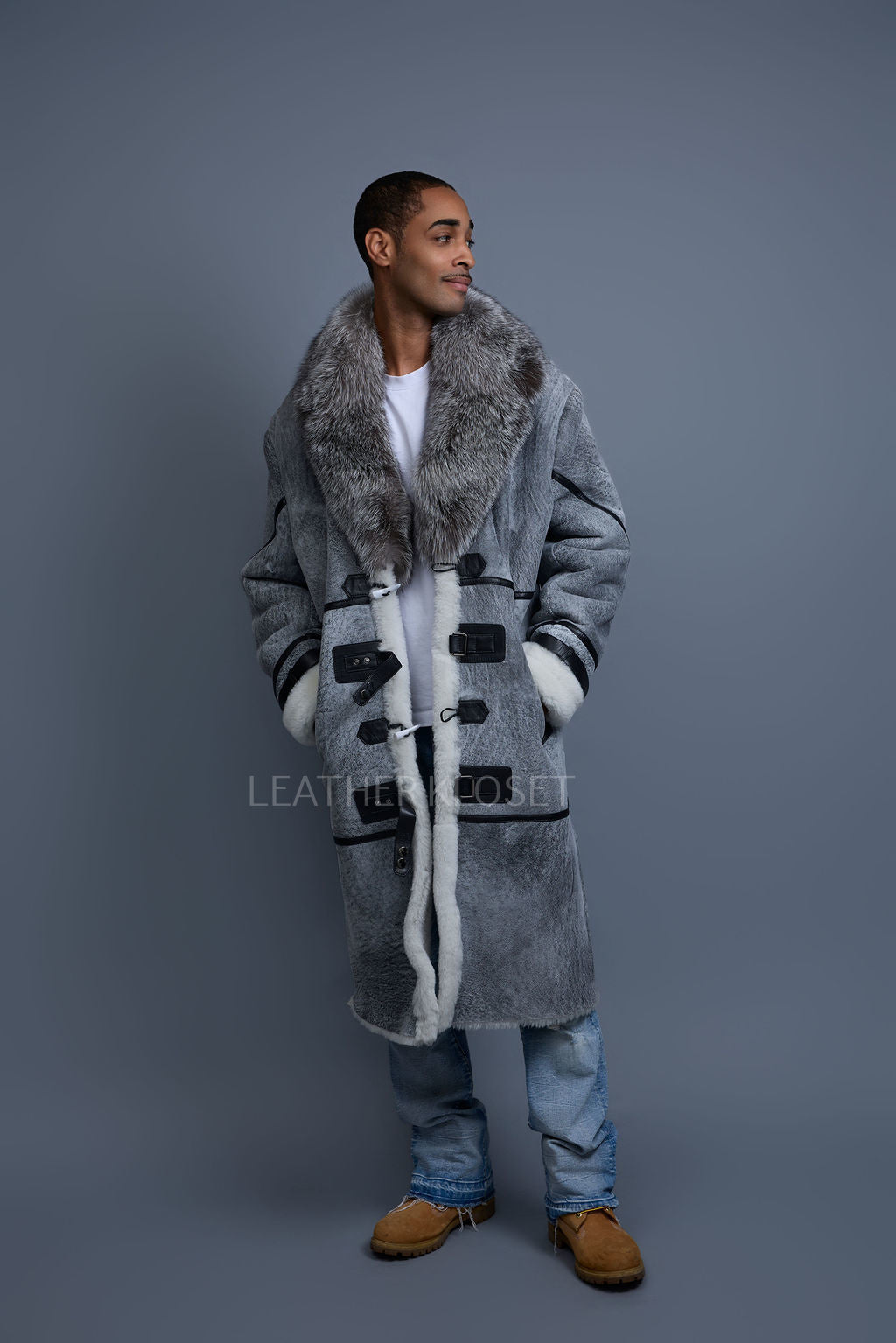 Men's Shearling Trench Coat With Fox [Grey Distressed]