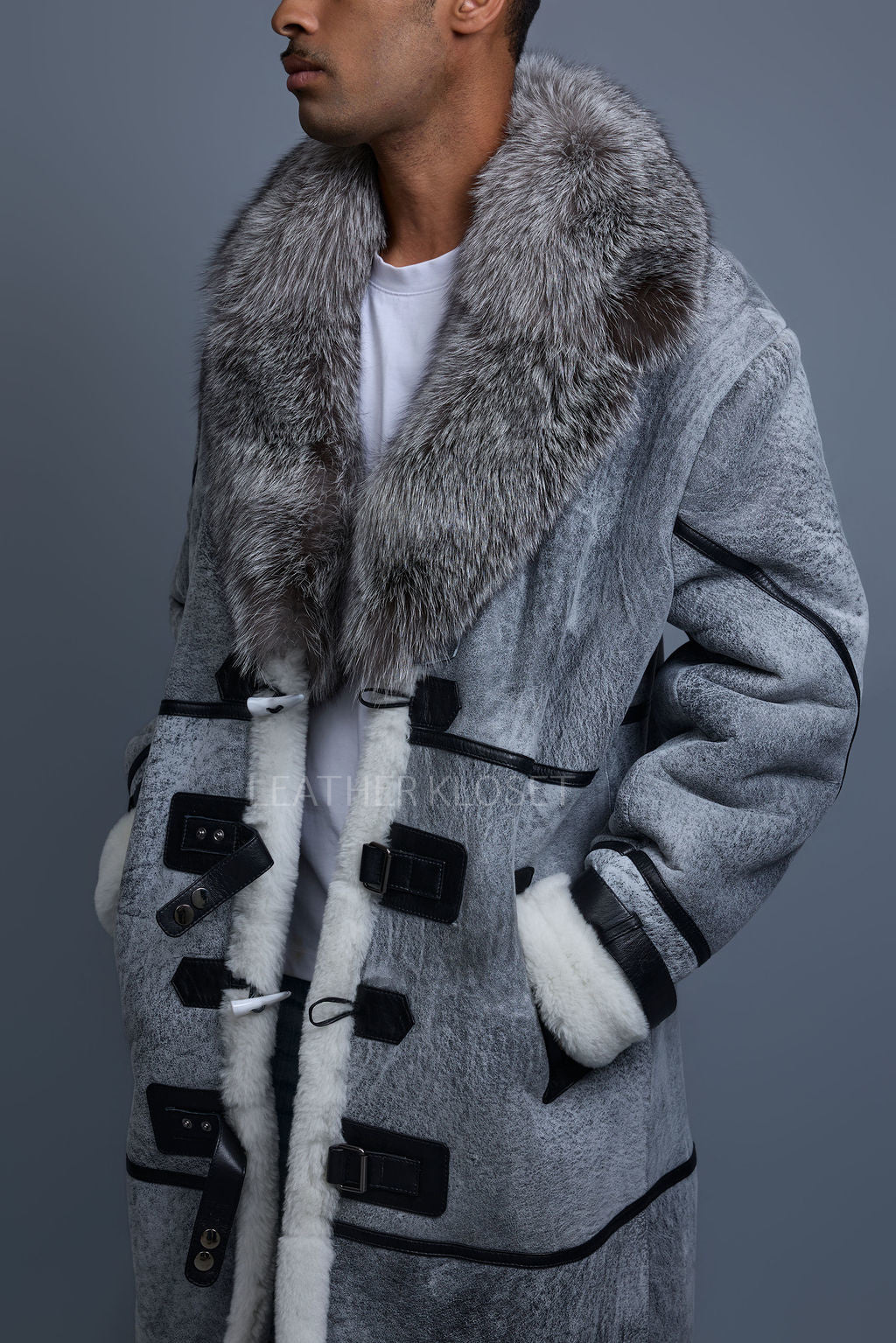 Men's Shearling Trench Coat With Fox [Grey Distressed]