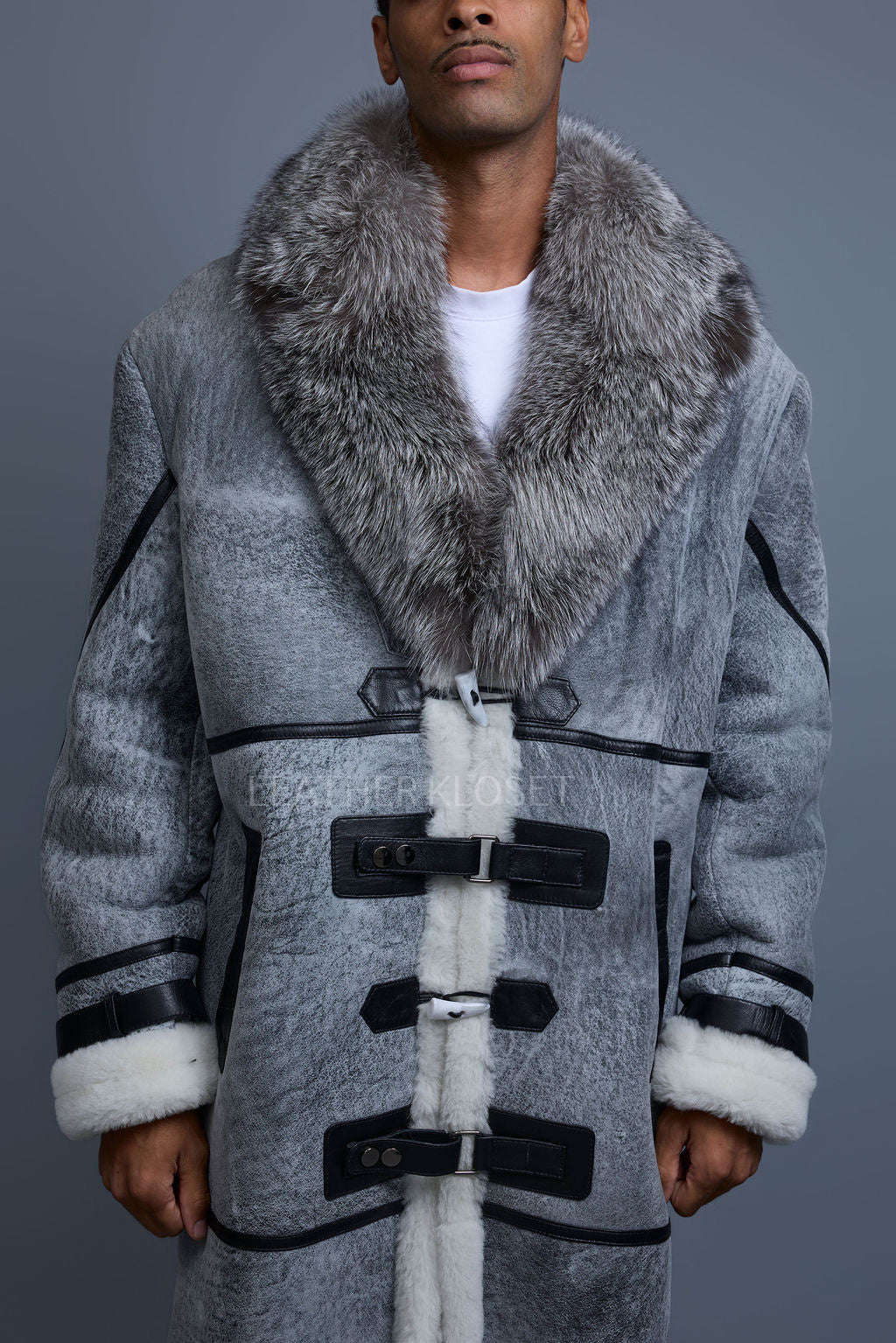 Men's Shearling Trench Coat With Fox [Grey Distressed]