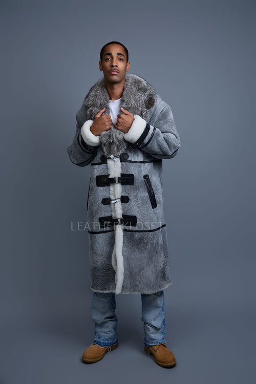 Men's Shearling Trench Coat With Fox [Grey Distressed]