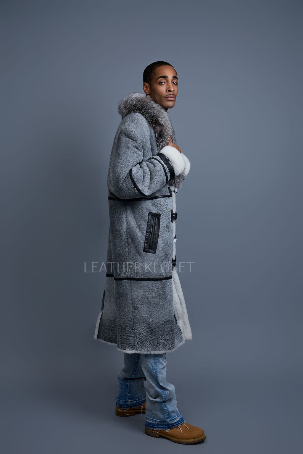 Men's Shearling Trench Coat With Fox [Grey Distressed]