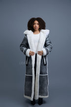 Women's Hazel Full Length Real Sheepskin Trench Coat [Distressed Grey]
