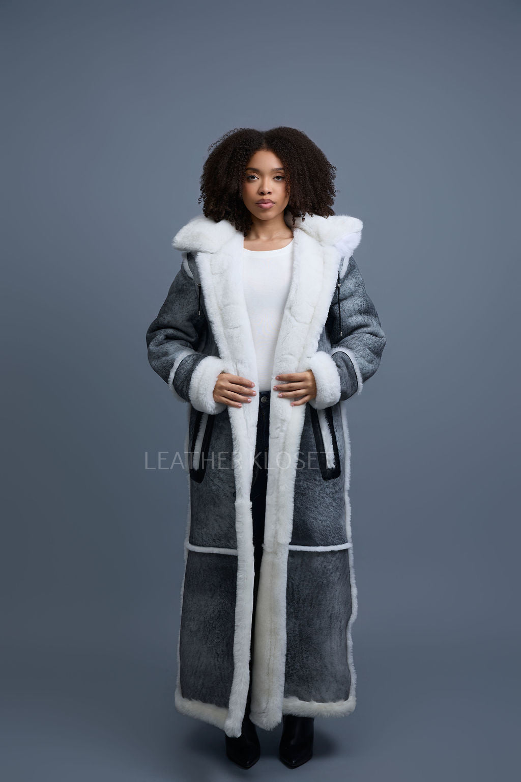 Women's Hazel Full Length Real Sheepskin Trench Coat [Distressed Grey]