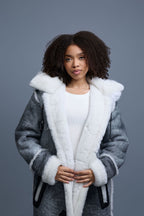 Women's Hazel Full Length Real Sheepskin Trench Coat [Distressed Grey]