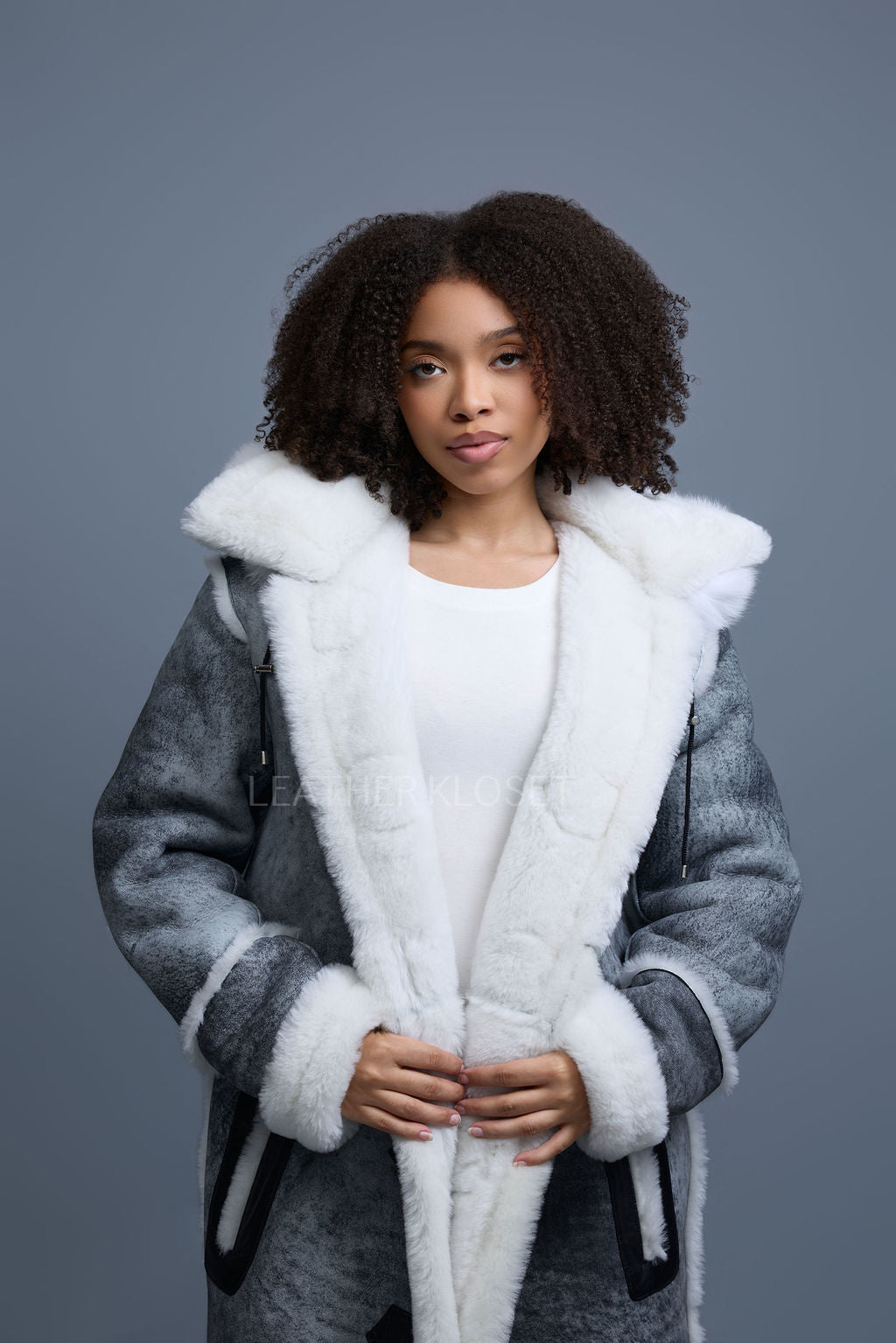Women's Hazel Full Length Real Sheepskin Trench Coat [Distressed Grey]