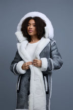 Women's Hazel Full Length Real Sheepskin Trench Coat [Distressed Grey]