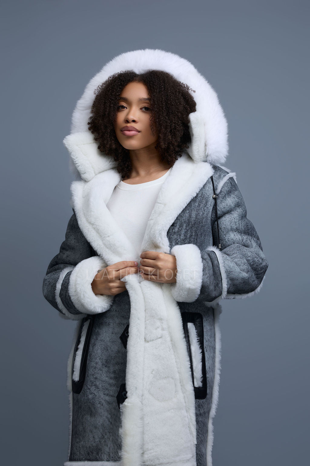 Women's Hazel Full Length Real Sheepskin Trench Coat [Distressed Grey]