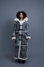 Women's Hazel Full Length Real Sheepskin Trench Coat [Distressed Grey]