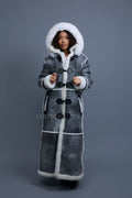 Women's Hazel Full Length Real Sheepskin Trench Coat [Distressed Grey]