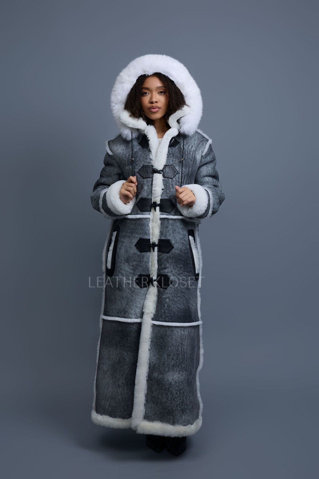 Women's Hazel Full Length Real Sheepskin Trench Coat [Distressed Grey]