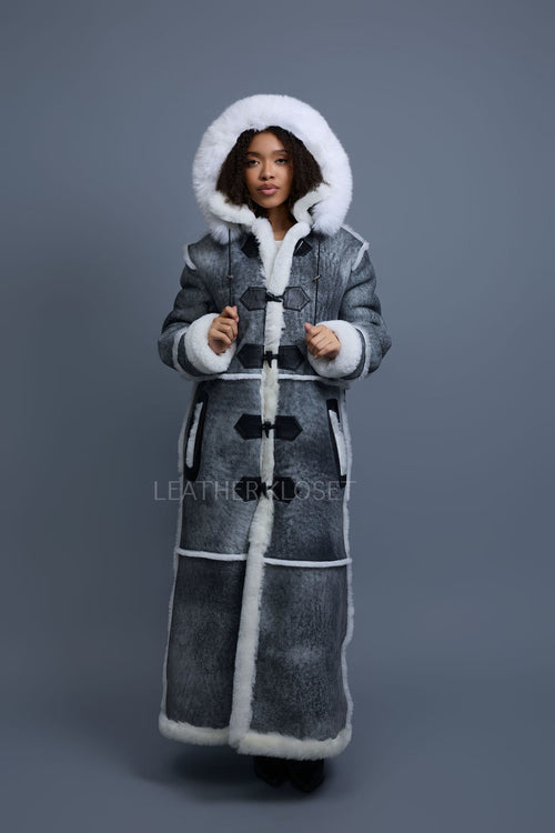 Women's Hazel Full Length Real Sheepskin Trench Coat [Distressed Grey]