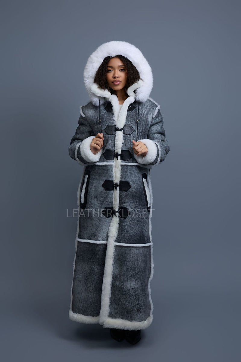 Women's Hazel Full Length Real Sheepskin Trench Coat [Distressed Grey]