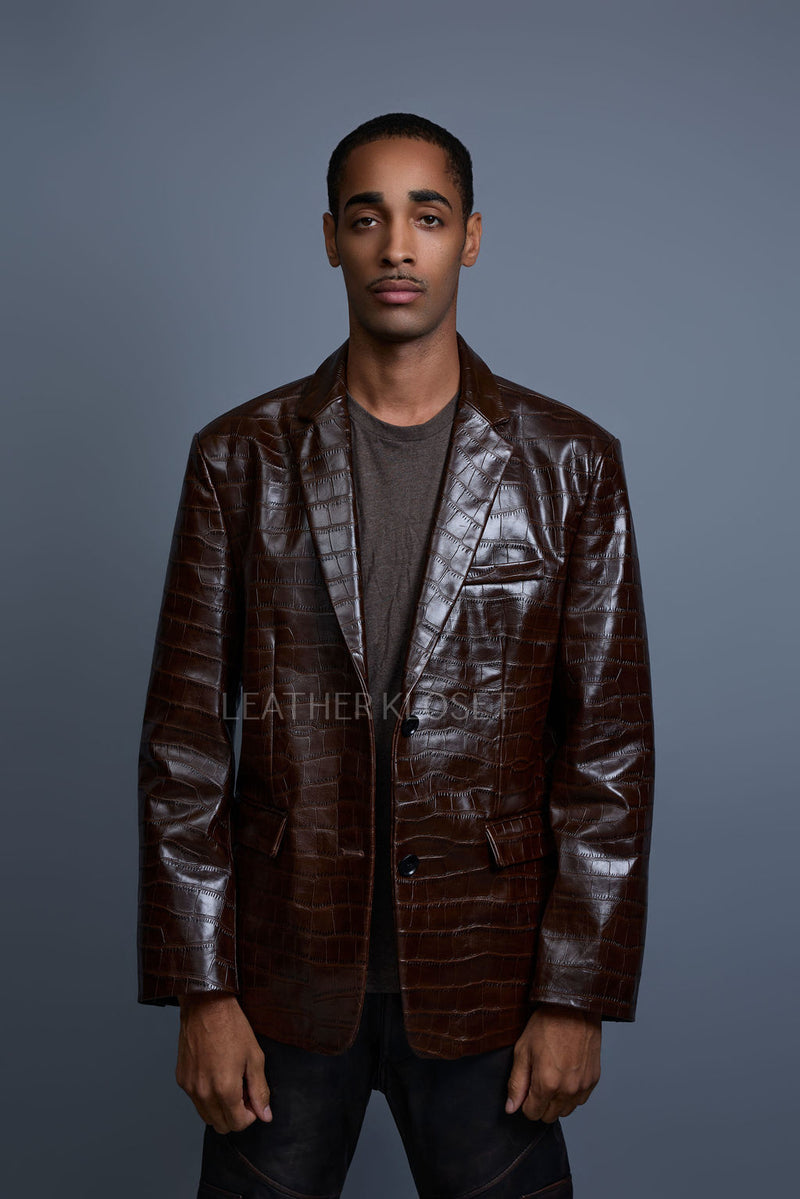 Men's Embossed Crocodile Leather Blazer [Brown]