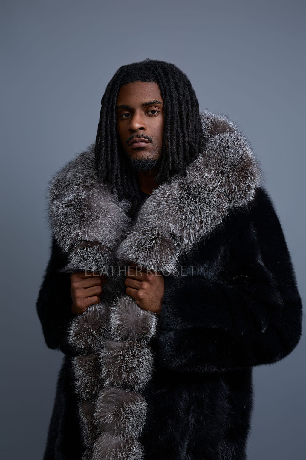 Men's Jason Long Fox Trench Coat [Black/Silver]