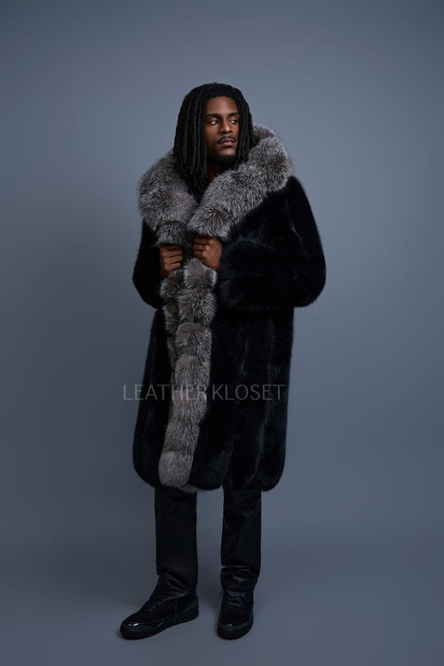 Men's Jason Long Fox Trench Coat [Black/Silver]
