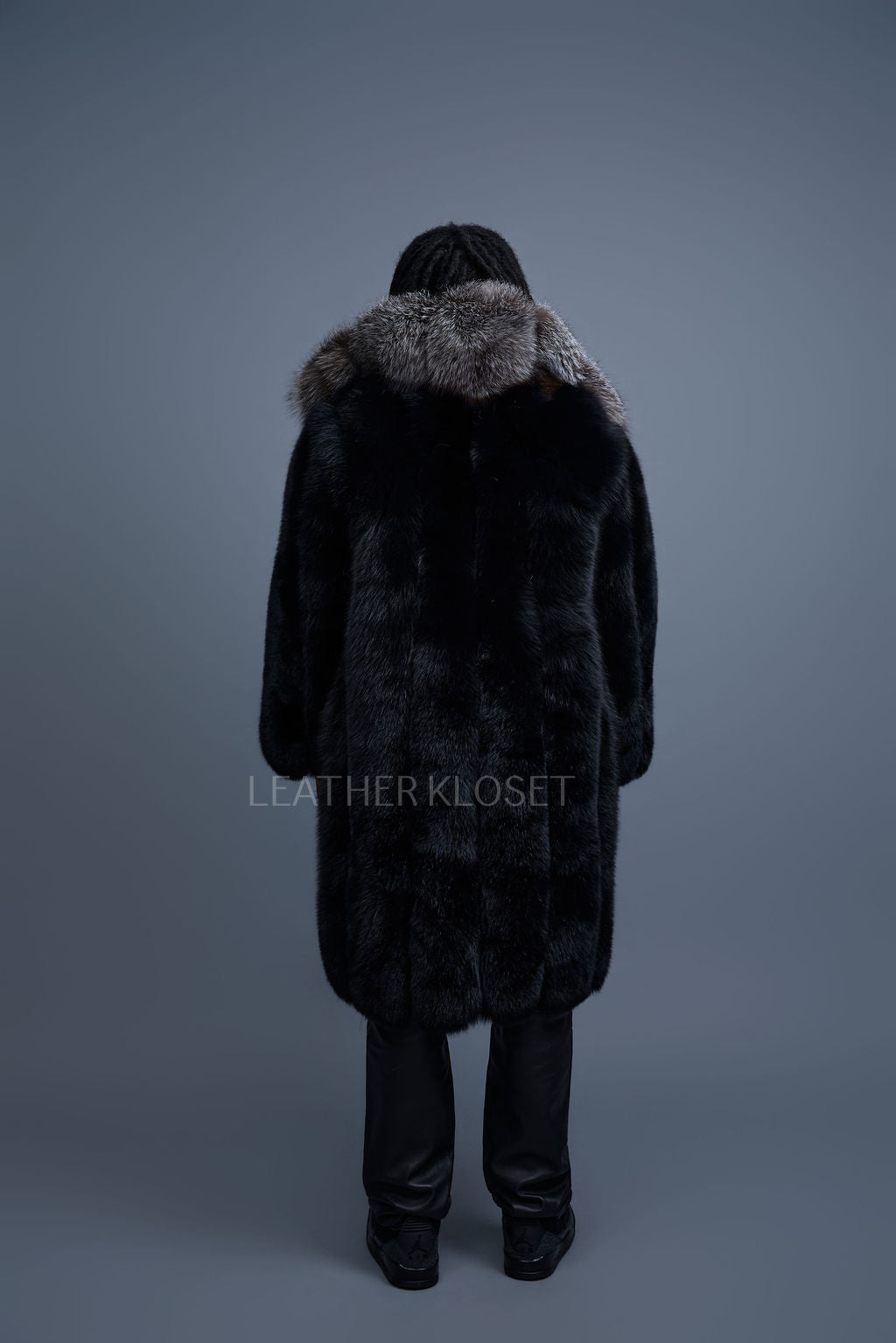Men's Jason Long Fox Trench Coat [Black/Silver]