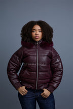 Women's Leather Snorkel Bomber Jacket [Burgundy]