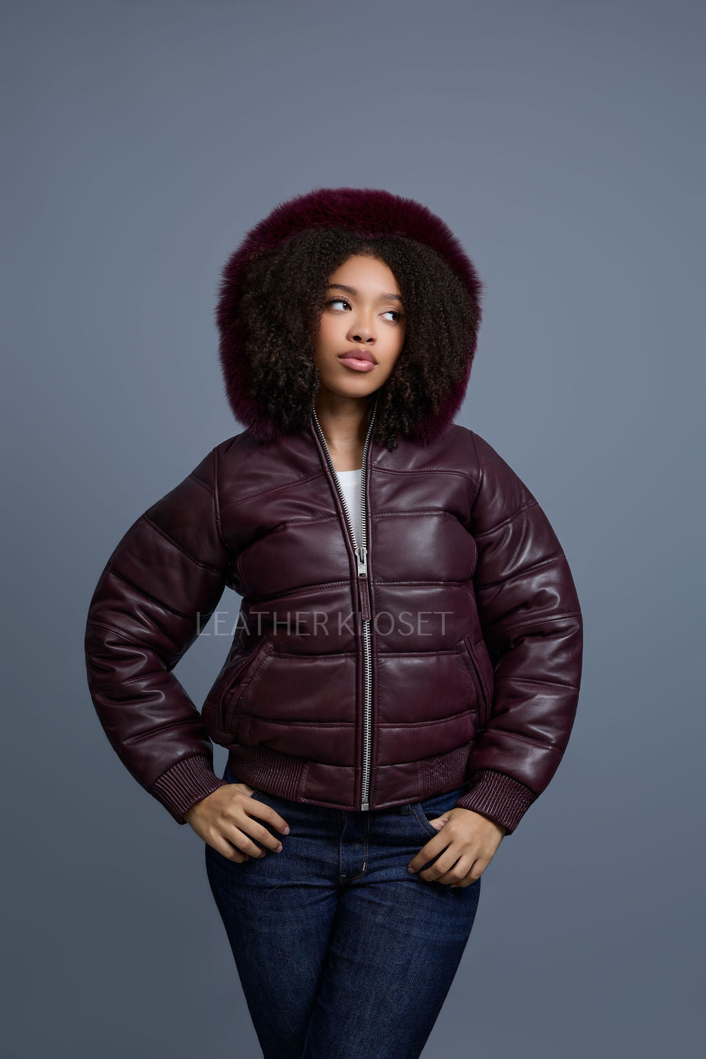 Women's Leather Snorkel Bomber Jacket [Burgundy]