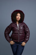 Women's Leather Snorkel Bomber Jacket [Burgundy]