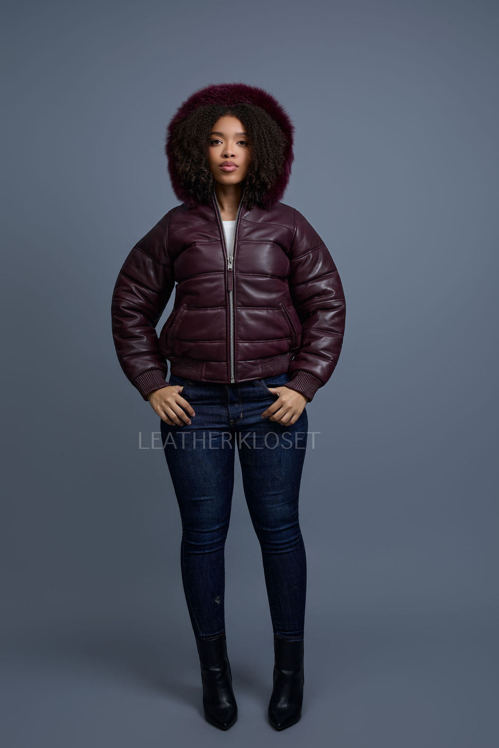 Women's Leather Snorkel Bomber Jacket [Burgundy]