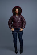 Women's Leather Snorkel Bomber Jacket [Burgundy]