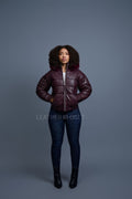 Women's Leather Snorkel Bomber Jacket [Burgundy]