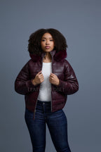 Women's Leather Snorkel Bomber Jacket [Burgundy]