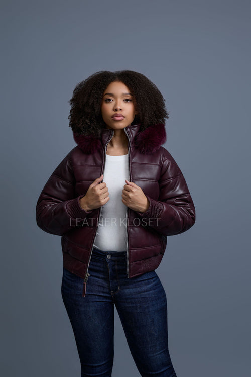 Women's Leather Snorkel Bomber Jacket [Burgundy]