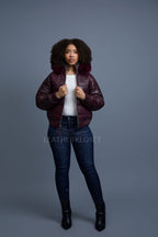 Women's Leather Snorkel Bomber Jacket [Burgundy]