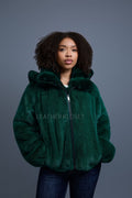 Women's Mink Bomber With Chinchilla Collar And Hood [Green]