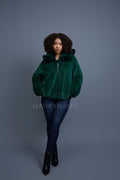 Women's Mink Bomber With Chinchilla Collar And Hood [Green]