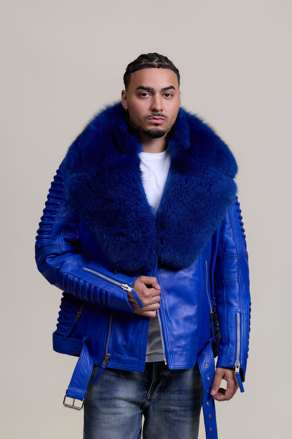 Men's Trey Biker Royal Blue Leather Full Fox Fur Collar [Royal Blue Fox]