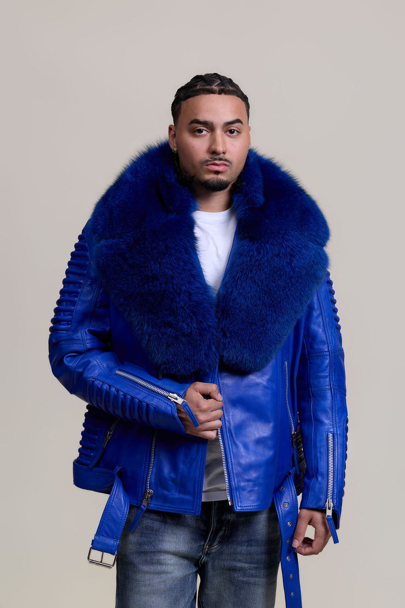 Men's Trey Biker Royal Blue Leather Full Fox Fur Collar [Royal Blue Fox]