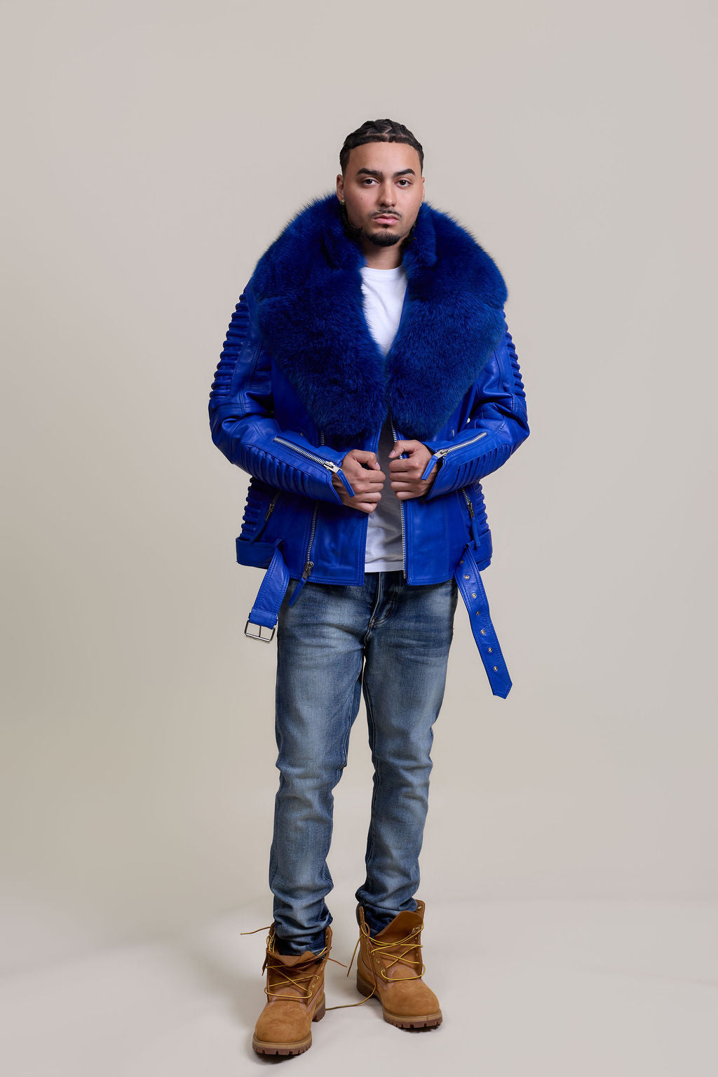 Men's Trey Biker Royal Blue Leather Full Fox Fur Collar [Royal Blue Fox]