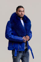 Men's Trey Biker Royal Blue Leather Full Fox Fur Collar [Royal Blue Fox]