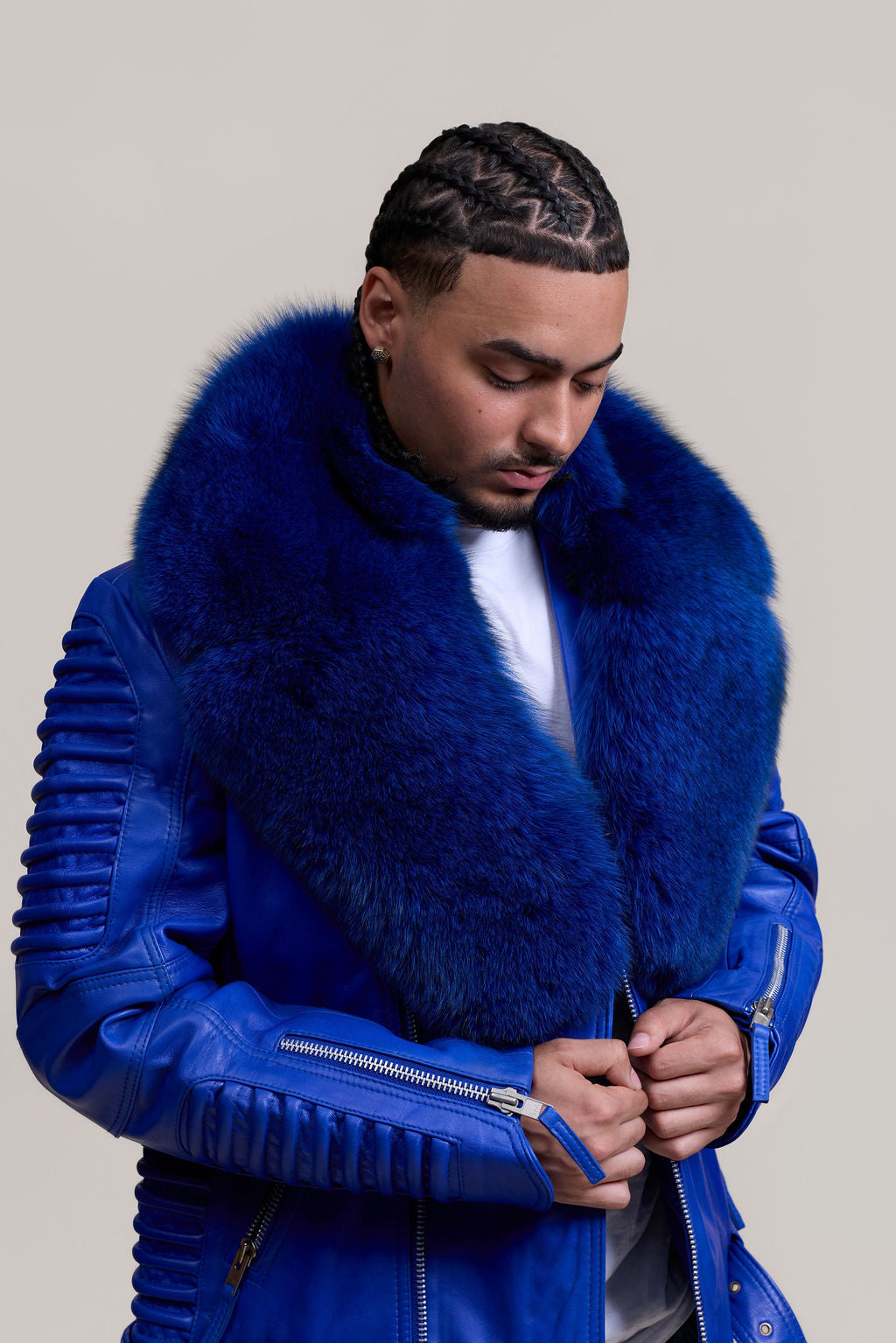 Men's Trey Biker Royal Blue Leather Full Fox Fur Collar [Royal Blue Fox]