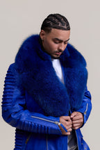 Men's Trey Biker Royal Blue Leather Full Fox Fur Collar [Royal Blue Fox]