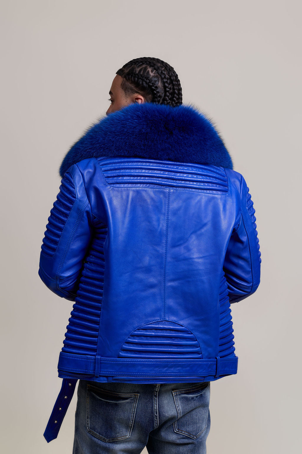 Men's Trey Biker Royal Blue Leather Full Fox Fur Collar [Royal Blue Fox]