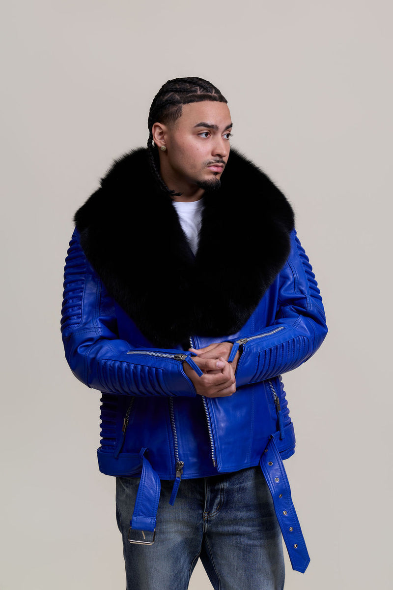 Men's Trey Biker Royal Blue Leather Full Fox Fur Collar [Black Fox]