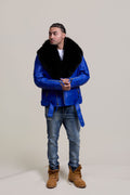 Men's Trey Biker Royal Blue Leather Full Fox Fur Collar [Black Fox]