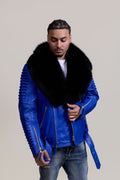 Men's Trey Biker Royal Blue Leather Full Fox Fur Collar [Black Fox]