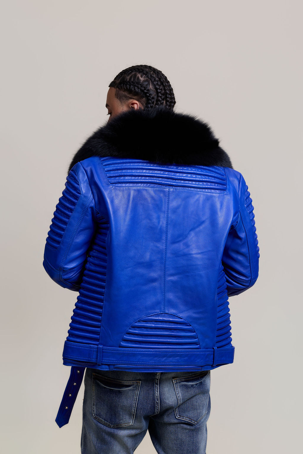 Men's Trey Biker Royal Blue Leather Full Fox Fur Collar [Black Fox]