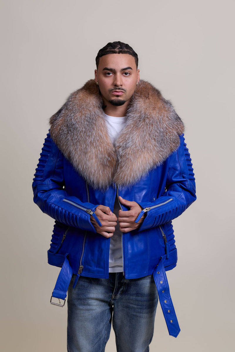 Men's Trey Biker Royal Blue Leather Full Fox Fur Collar [Crystal Fox]