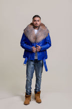 Men's Trey Biker Royal Blue Leather Full Fox Fur Collar [Crystal Fox]