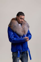 Men's Trey Biker Royal Blue Leather Full Fox Fur Collar [Crystal Fox]